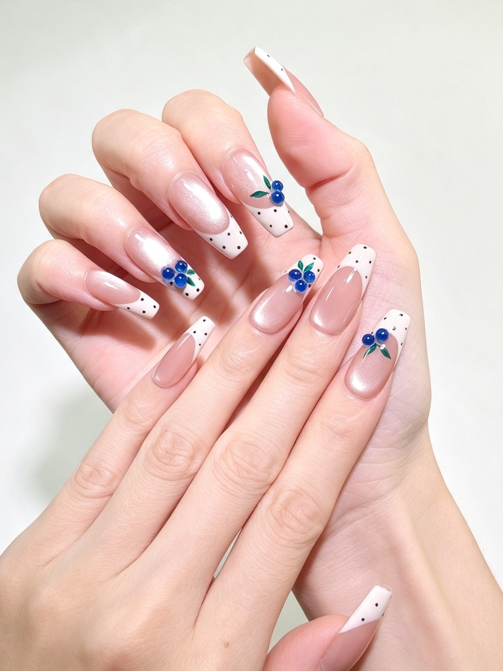 Blueberry Polka Dot White French Tip Handmade  Long Coffin Press On Nails Set